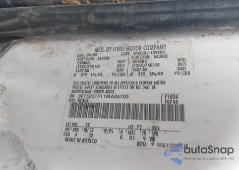 2001 Ford Super Duty F-350 Srw Lariat/Xl/Xlt из США, поврежденный, VIN 3FTSX31F11MA06705